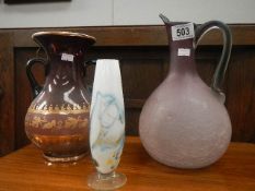 3 glass vases and pitchers including crackle glaze jug.