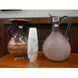 3 glass vases and pitchers including crackle glaze jug.