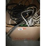 A large box of electrical fixings, wires, sockets etc.