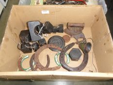 A quantity of weights & horse shoes etc.