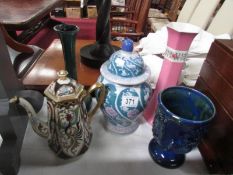 A Noritake coffee pot, a lidded jar and 3 vases.