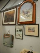 5 prints and mirrors including an octagonal top frame study of a lady riding a horse on beach with