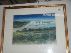 A framed and glazed watercolour of farm by white cliffs, signed but indistinct.