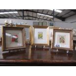 5 framed and glazed miniature embroidered pictures.