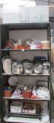 5 shelves of kitchen ware including baking tins, cake boards, cake boxes etc.