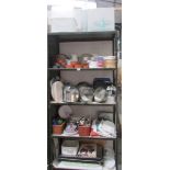 5 shelves of kitchen ware including baking tins, cake boards, cake boxes etc.