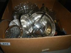 A box of glass, china and metal ware.