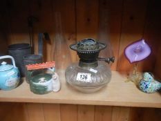 A mixed lot including oil lamp font, milk measures, Jack in the Pulpit vaseline glass (a/f) etc.