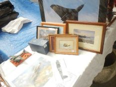 6 R.A.F related prints including signed Avro Lancaster MkIII, model on plinth a/f etc.