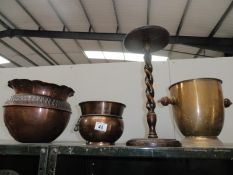 3 copper/brass pots and wooden stand with barley twist