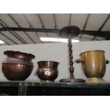 3 copper/brass pots and wooden stand with barley twist