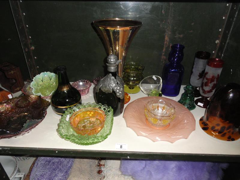 A collection of coloured glassware including decanter, vases, dishes, bowls etc.
