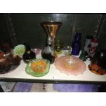 A collection of coloured glassware including decanter, vases, dishes, bowls etc.