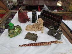 A mixed lot including opera glasses, letter rack etc.