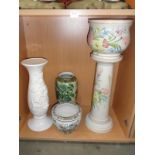 A jardiniere on stand, tall white floral vase, tall chinese vase etc.