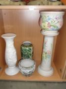A jardiniere on stand, tall white floral vase, tall chinese vase etc.