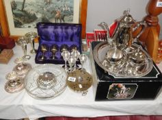 A boxed silver plate coffee set and assorted silver plate ware including cased sets.