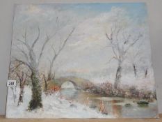 A river winter scene painted on board.