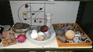 A silver plate dish, art glass bowl and faux fruit etc.