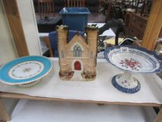 2 cake stands and an a/f Staffordshire castle.