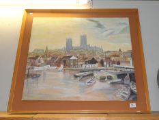 A painting of Lincoln Brayford and cathedral on hard board by Olive M. Thickett.