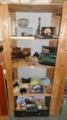 4 shelves of miscellaneous items including lamp, clock, shoe trees etc.