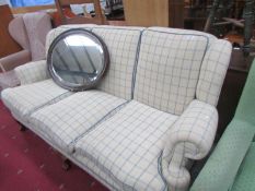 A wood framed fabric covered 3 seat sofa.