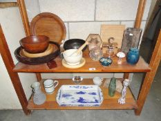 A pestle and mortar, marble bowl, blue and white bowl, wooden items etc.