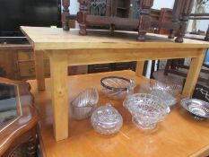 A pine coffee table.