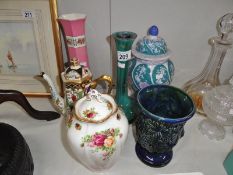 A quantity of vases, noritake coffee pot and old country roses lidded vase.