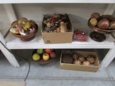 2 shelves of miscellaneous wooden items, artificial fruit etc.