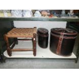 2 storage boxes and a wooden woven topped stool