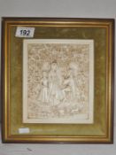 A framed plaster plaque of a medieval scene. .