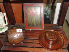 A 1930s oak barrel tea caddy etc.