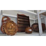 6 items of wooden ware including plaques and display shelf.
