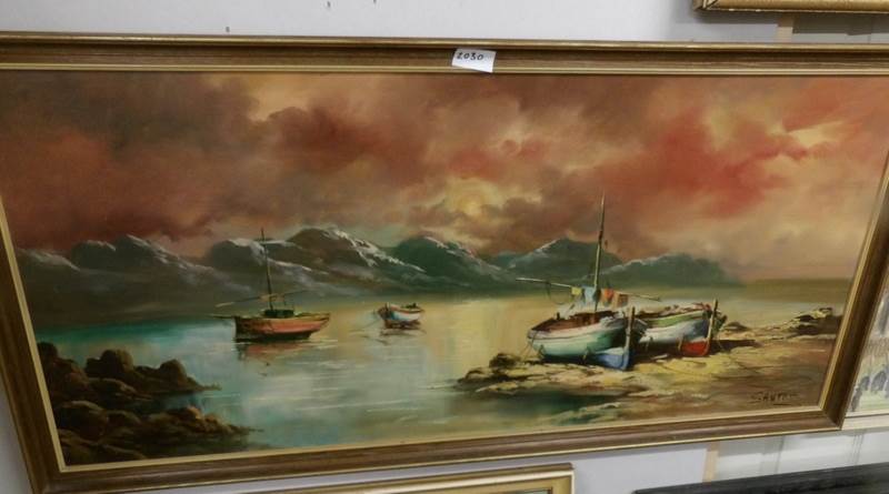 An oil on board seascape signed Santoe, image 126 x 57 cm.