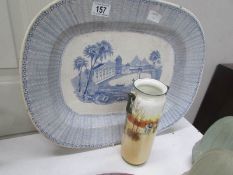 A blue and white meat platter and a Doulton vase.