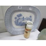 A blue and white meat platter and a Doulton vase.