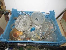 A tray of glass chandelier droppers, dishes etc.