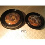 2 framed Victorian Pratt ware pot lids entitled 'Hide & Seek' and 'Village Wedding'