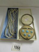 3 pearl necklaces (one with silver clasp) and cased set of 5 enamel buttons and bat brooch (a/f).