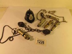 2 early Liverpool police whistles, a London city police whistle and a 1953 military whistle etc.