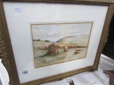 A framed and glazed late Victorian watercolour of a man harvesting and bailing wheat in field.