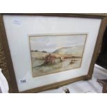 A framed and glazed late Victorian watercolour of a man harvesting and bailing wheat in field.