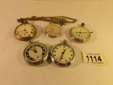 5 old pocket watches a/f and a long chain.
