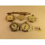 5 old pocket watches a/f and a long chain.