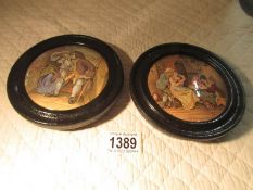 2 framed Victorian pot lids entitled 'Uncle Toby' and 'The Best Card'.