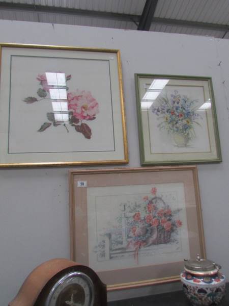 3 framed and glazed floral embroideries/tapestries.