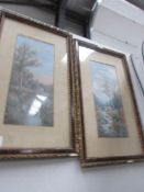 2 framed and glazed in ornate frames river scenes 'The Old Mill Stream' and 'Along the Thames'.