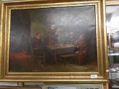 A gilt framed oil on canvas Monastery scene, signed but indistinct, image 78 x 58 cm.